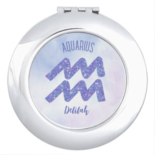 Pretty Aquarius Astrology Sign Personalized Purple Compact Mirror