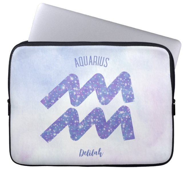 Pretty Aquarius Astrology Sign Personalized Purple Laptop Sleeve (Front)