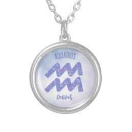 Pretty Aquarius Astrology Sign Personalized Purple Silver Plated Necklace