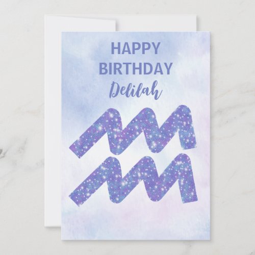 Pretty Aquarius Sign Custom Purple Happy Birthday Card
