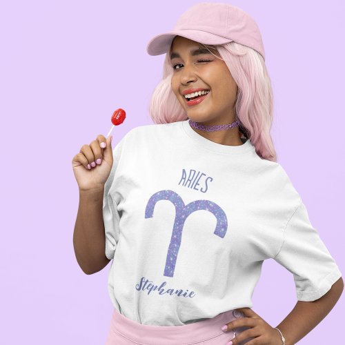 Pretty Aries Astrology Sign Custom Purple Birthday T_Shirt