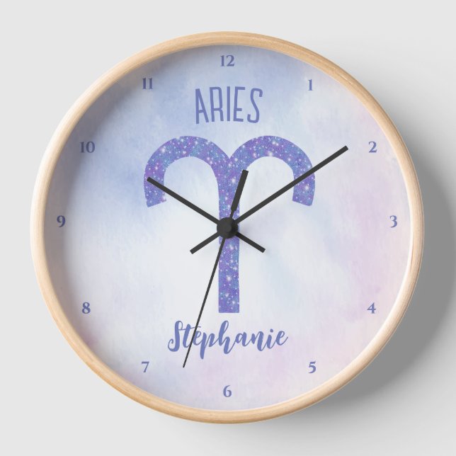 Pretty Aries Astrology Sign Personalized Purple Clock (Front)