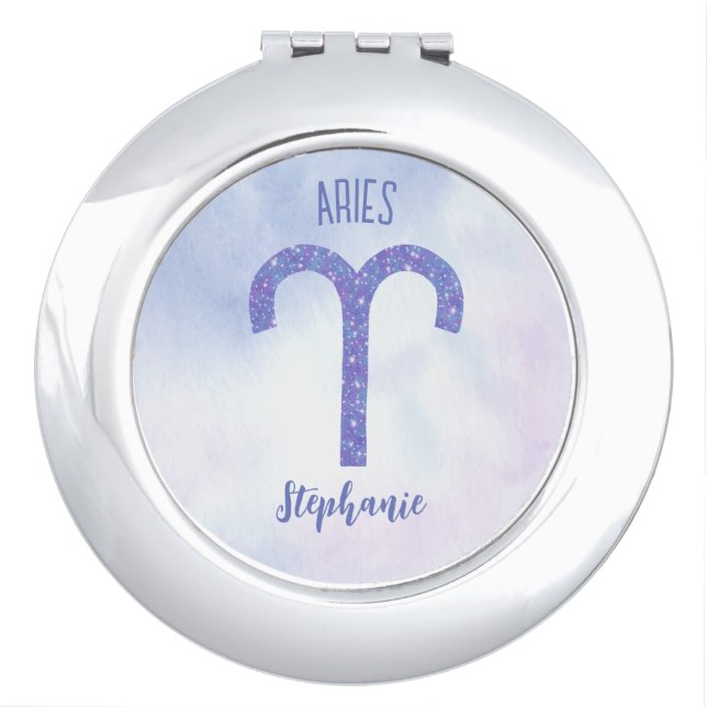Pretty Aries Astrology Sign Personalized Purple Compact Mirror (Front)
