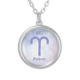 Pretty Aries Astrology Sign Personalized Purple Silver Plated Necklace
