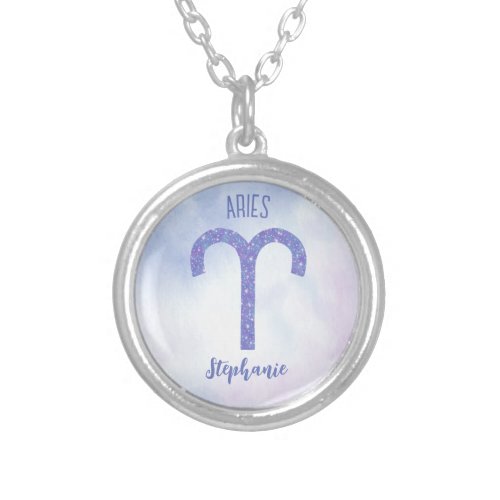 Pretty Aries Astrology Sign Personalized Purple Silver Plated Necklace