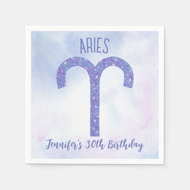 Pretty Aries Purple Astrology Sign Birthday Party Napkins (Front)
