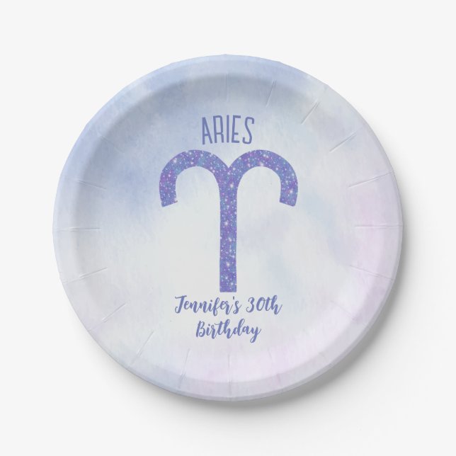 Pretty Aries Purple Astrology Sign Birthday Party Paper Plates (Front)