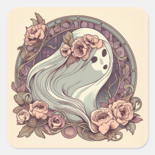 Pretty Art Nouveau Ghost with Flowers Spooky Square Sticker