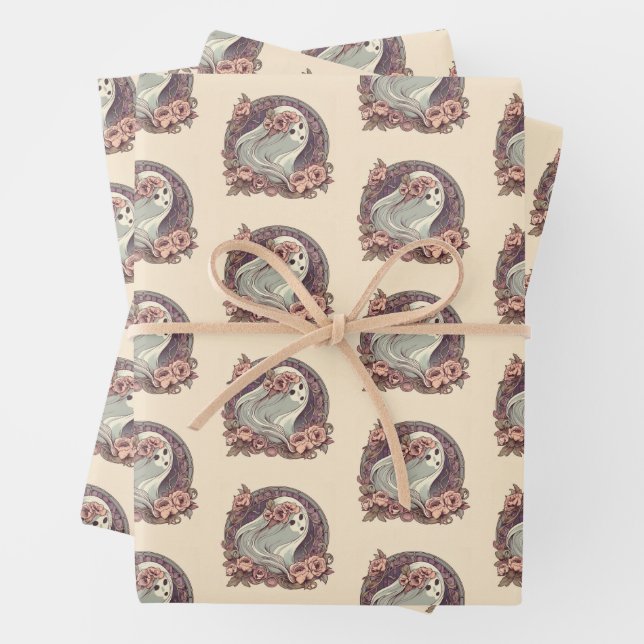 Pretty Art Nouveau Ghost with Flowers Spooky Wrapping Paper Sheets (In situ)