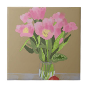 Pretty Art Tulip Flower Modern Illustration +Name Ceramic Tile