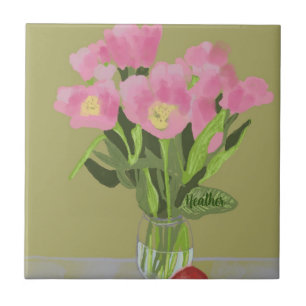 Pretty Art Tulip Flower Modern Illustration +Name Ceramic Tile