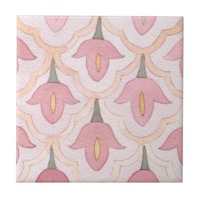 Pretty artistic flower painted pattern retro pink ceramic tile (Front)