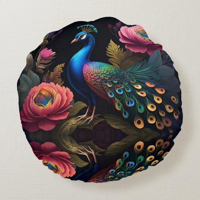 Pretty as a Peacock in Peonies Round Pillow (Back)