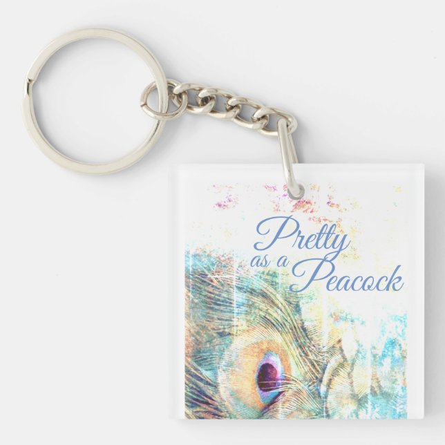 Pretty as a peacock pastel white feather keychain (Front)