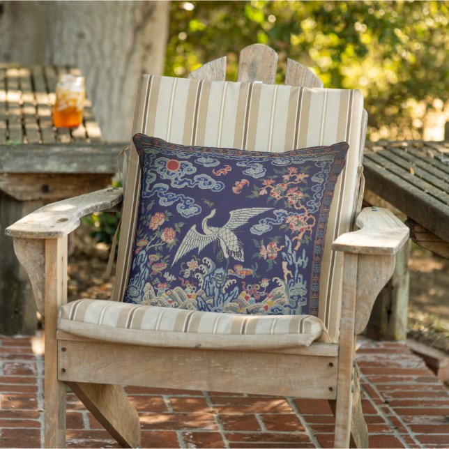 Pretty Asian Chinese Manchu Crane Blue Outdoor Pillow (Chair)