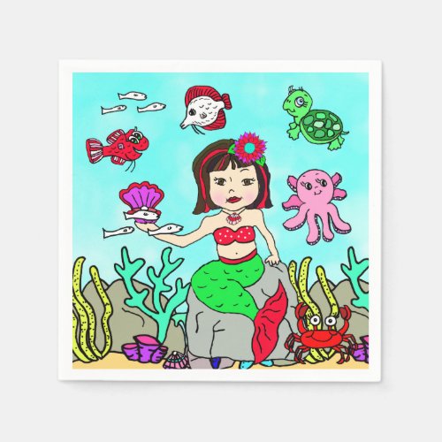 Pretty Asian Mermaid Under the Sea Birthday Party Napkins