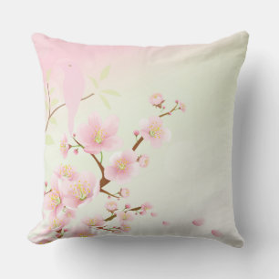 Pretty Asian Pink Cherry Blossom Bird Floral Throw Pillow