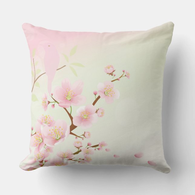 Pretty Asian Pink Cherry Blossom Bird Floral Throw Pillow (Front)