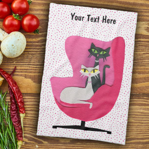 Pretty Atomic Cats in Mid Century Pink Chair Dots Kitchen Towel