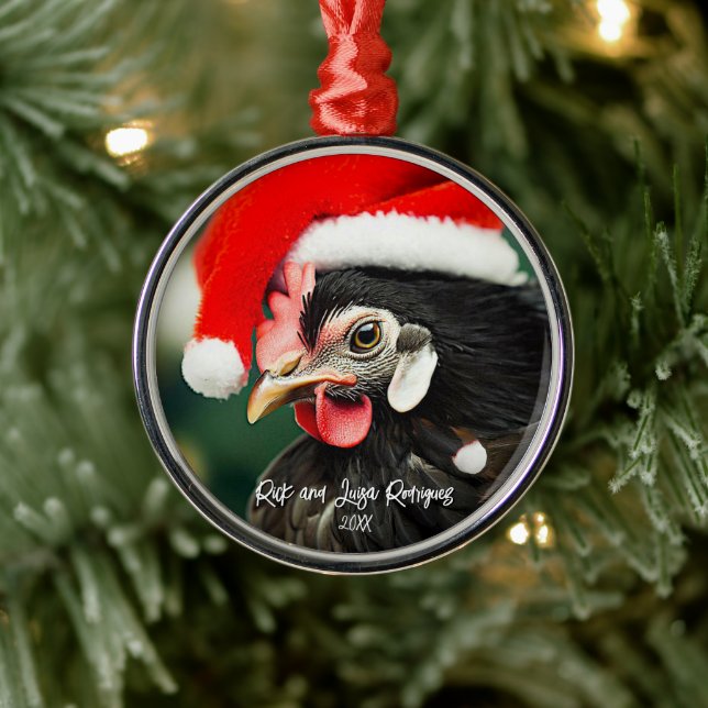 Pretty Australorp Chicken in Santa Hat Christmas Metal Ornament (Tree)