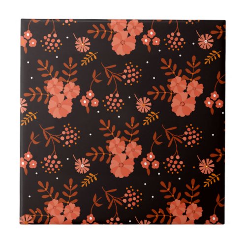 Pretty Autumn Floral Pattern Peach and Black Ceramic Tile