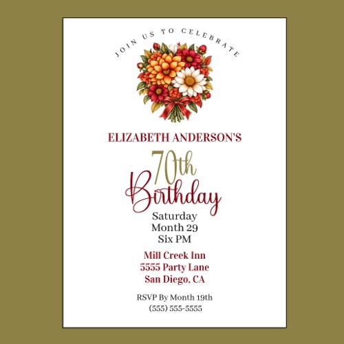 Pretty Autumn Flower Bouquet 70th Birthday Invitation