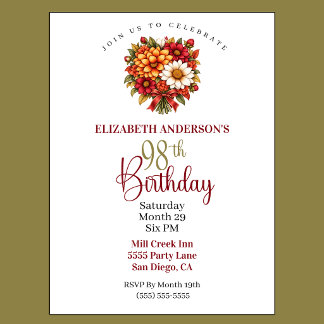 Pretty Autumn Flower Bouquet 98th Birthday Invitation