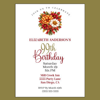 Pretty Autumn Flower Bouquet 99th Birthday Invitation