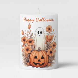 Pretty Autumn Ghost Floral Pumpkin Halloween Pillar Candle