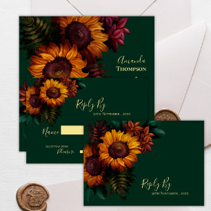 Pretty Autumn Green Sunflower Rustic Fall Wedding RSVP Card
