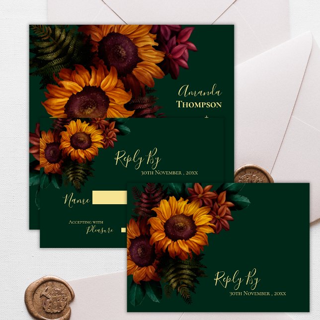 Pretty Autumn Green Sunflower  Rustic Fall Wedding RSVP Card (Pretty Autumn Green Sunflower Rustic Fall Wedding RSVP Card)