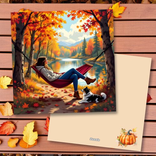 Pretty Autumn Scene with Woman and Dog Holiday Card