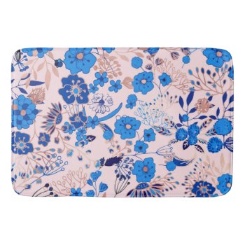 Pretty Azure Blue Blush Pink Floral Illustration Bath Mat by kicksdesign at Zazzle