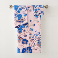 Pretty Azure Blue Blush Pink Floral Illustration Bath Towel Set
