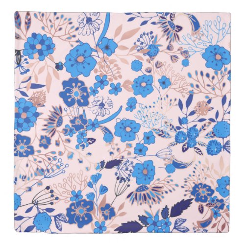 Pretty Azure Blue Blush Pink Floral Illustration D Duvet Cover