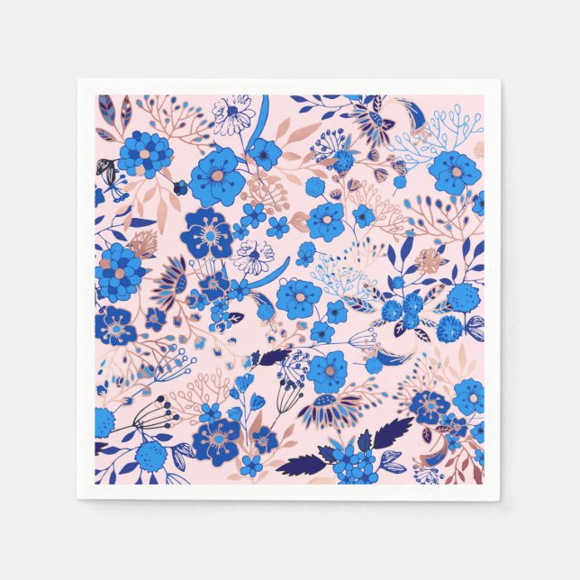 Pretty Azure Blue Blush Pink Floral Illustration Napkins (Front)