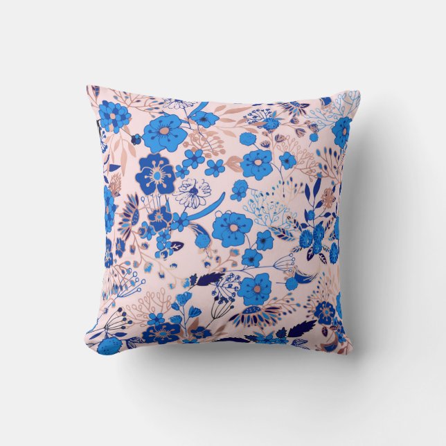 Pretty Azure Blue Blush Pink Floral Illustration Throw Pillow (Front)