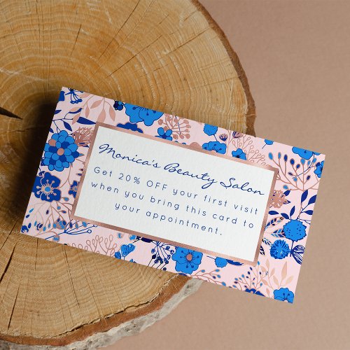 Pretty Azure Blue Blush Pink Floral Illustrations Discount Card
