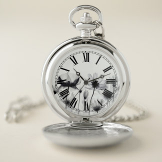Pretty B&W X-Ray Flowers Pocket Watch