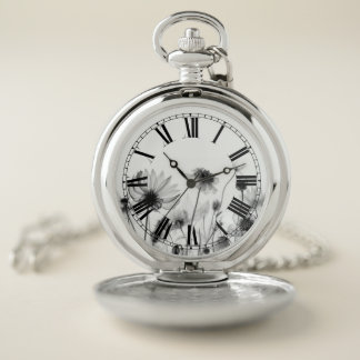 Pretty B&W X-Ray Wildflowers Pocket Watch