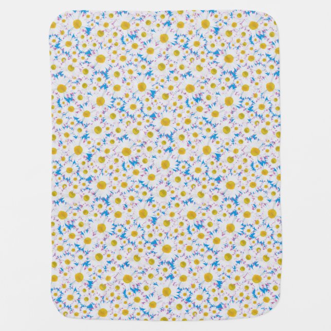 Pretty Baby Blanket: Ditzy White Daisies on Blue Stroller Blanket (Front)