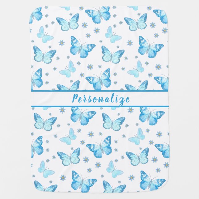 Pretty Baby Blue Butterfly Floral Pattern Design Baby Blanket (Front)
