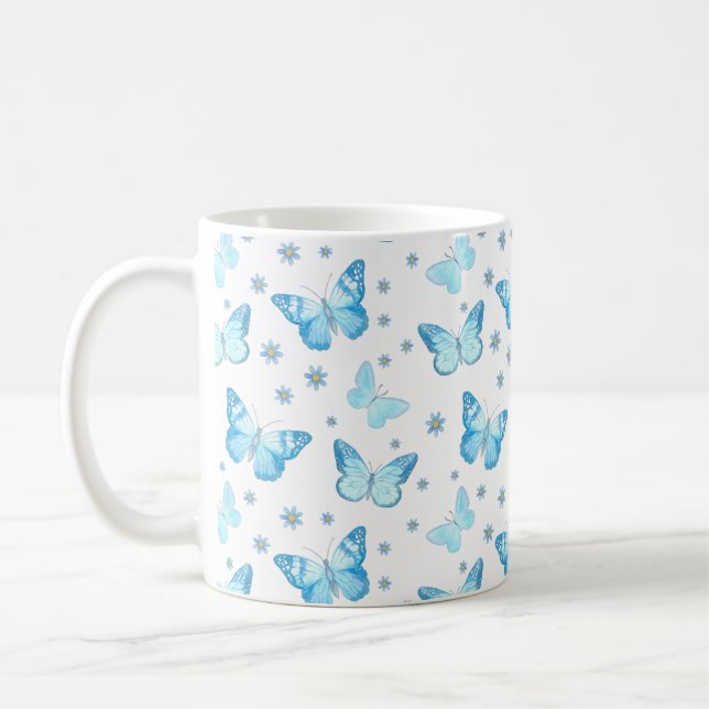 Pretty Baby Blue Butterfly Floral Pattern Design Coffee Mug (Left)