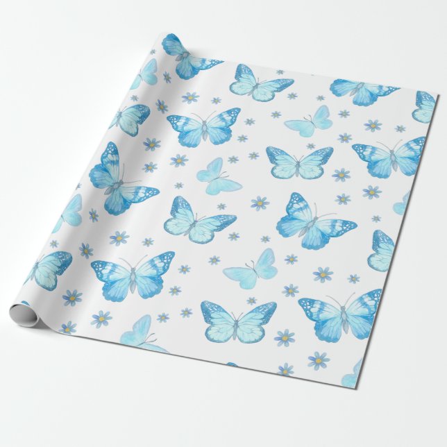 Pretty Baby Blue Butterfly Floral Pattern Design Wrapping Paper (Unrolled)