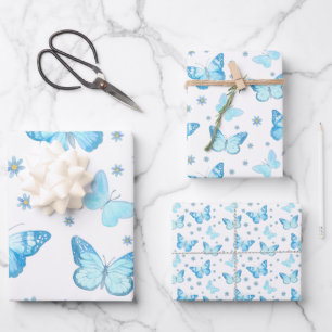 Pretty Baby Blue Butterfly Floral Pattern Design Wrapping Paper Sheets