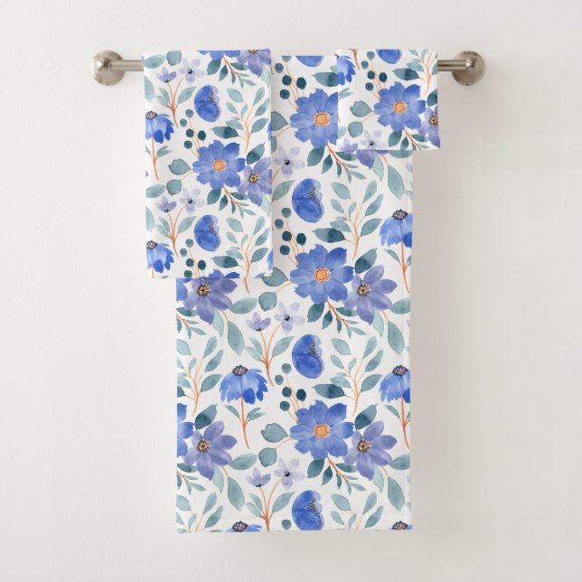 Pretty Baby Blue Cornflower Floral Pattern Bath Towel Set (Insitu)