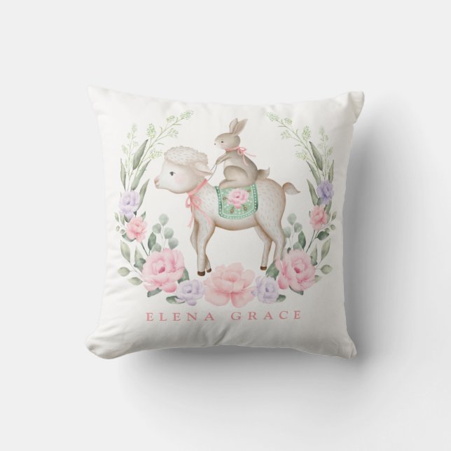 Pretty Baby Bunny & Lamb Easter Baby Girl Nursery Throw Pillow (Front)