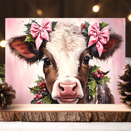 Pretty Baby Cow With Pink Bows Christmas Holiday Card