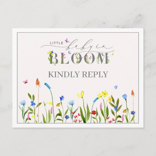 Pretty Baby in Bloom Wildflower Baby Shower RSVP Postcard - So pretty and delicate, this baby girl wildflower baby shower invitation reply card (RSVP), designed to go with matching invitation, features hand lettered script typography, and 'bloom' is decorated with delicate watercolor wildflowers and butterflies. The design is completed with a meadow of wildflowers at the bottom, and all the RSVP information is on the other side. Contact designer for matching products and design variations. Copyright Anastasia Surridge for Elegant Invites, all rights reserved.