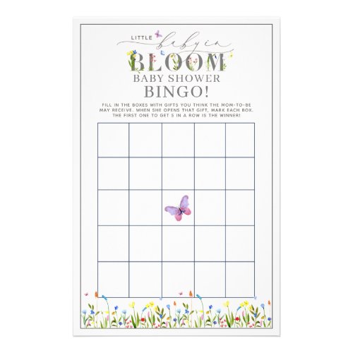 Pretty Baby in Bloom Wildflower Bingo Game Flyer - Designed to coordinate with our bestselling Pretty Baby in Bloom Wildflower Girl Baby Shower invitations, this baby shower bingo game features hand lettered script typography, and 'bloom' is decorated with delicate watercolor wildflowers and butterflies. The design is completed with a meadow of wildflowers at the bottom, and a welcome message on the back of the card. Contact designer for matching products and design variations. Copyright Elegant Invites, all rights reserved.